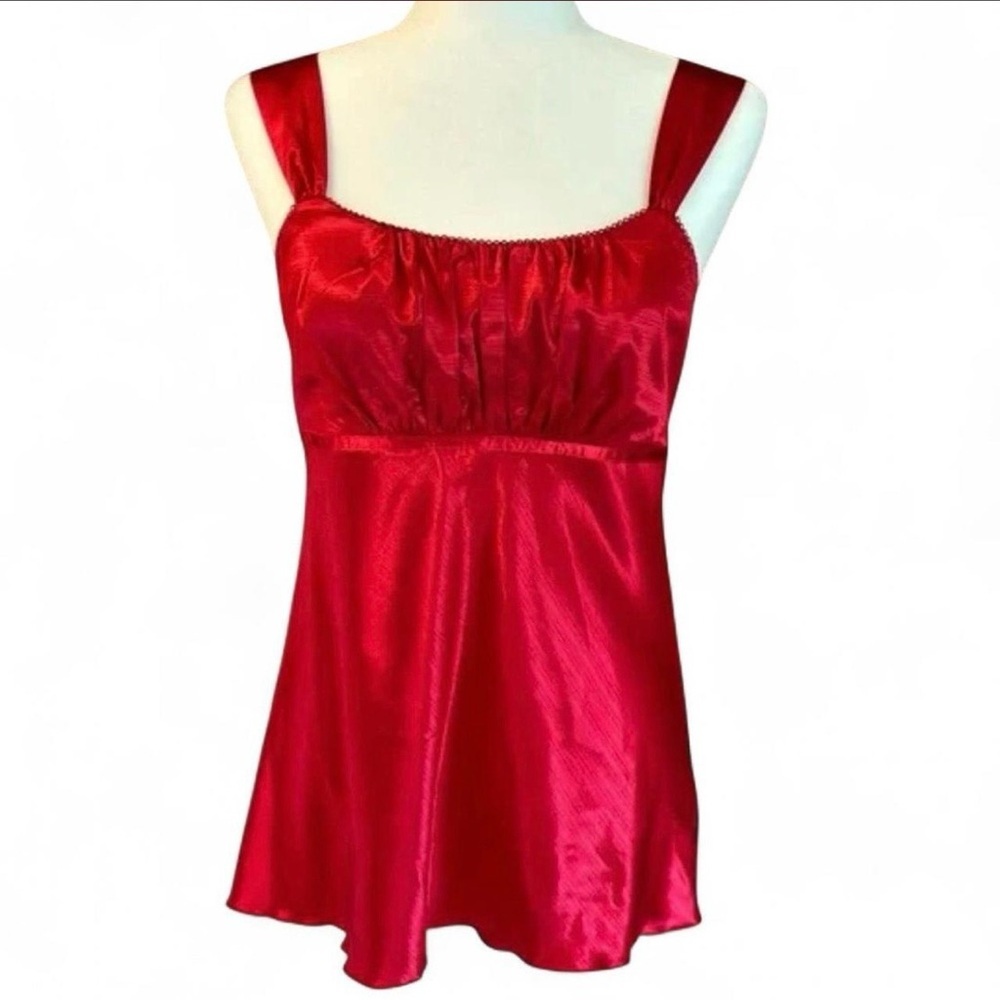 IZ Byer Red Satin Ruched Bust Babydoll Top with Tie Back